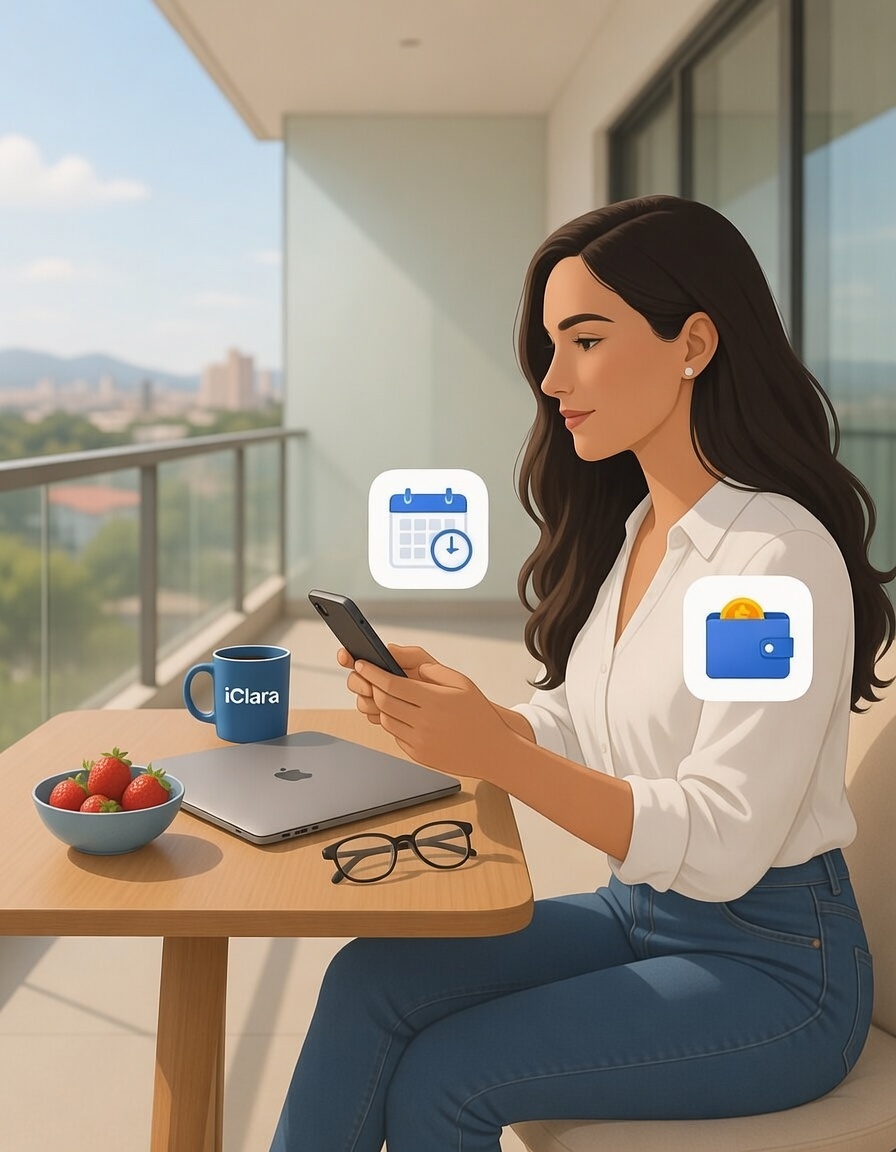 Woman using private time management app on iPhone to reduce stress and plan goals