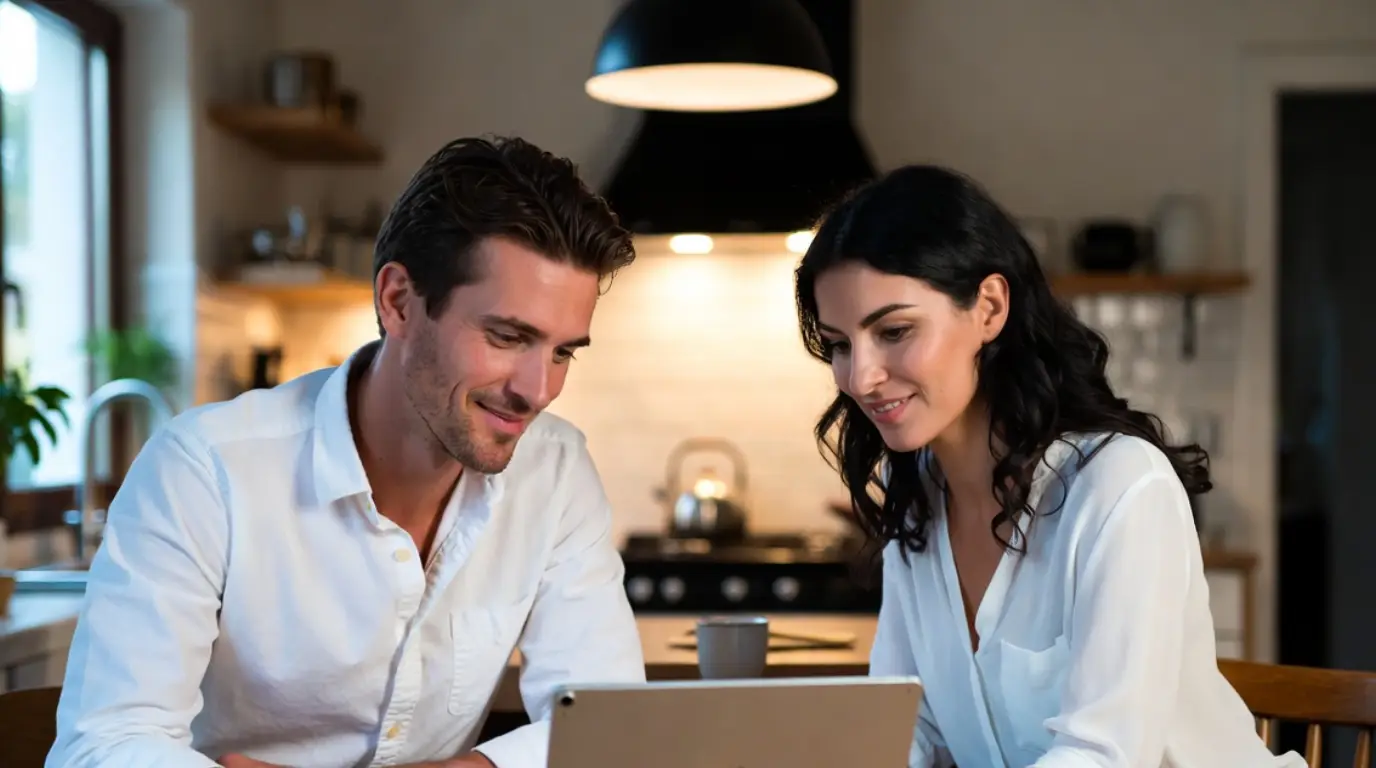 Couple reviewing envelope budget on iPad with iClara PFM