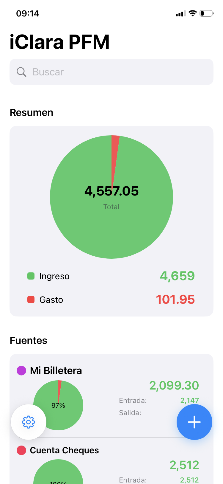 Panel principal con resumen en pastel y transacciones recientes