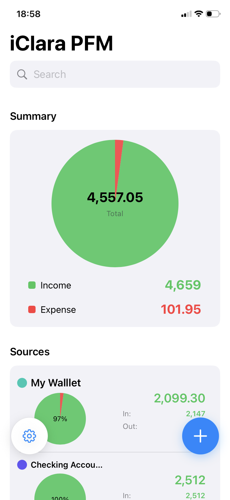 Home dashboard with summary pie and recent transactions