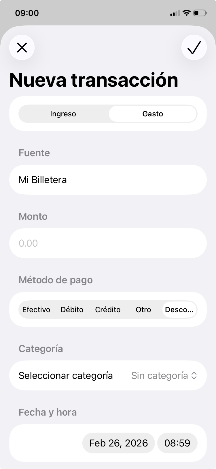 Agregar gastos en planificador presupuesto offline iPhone