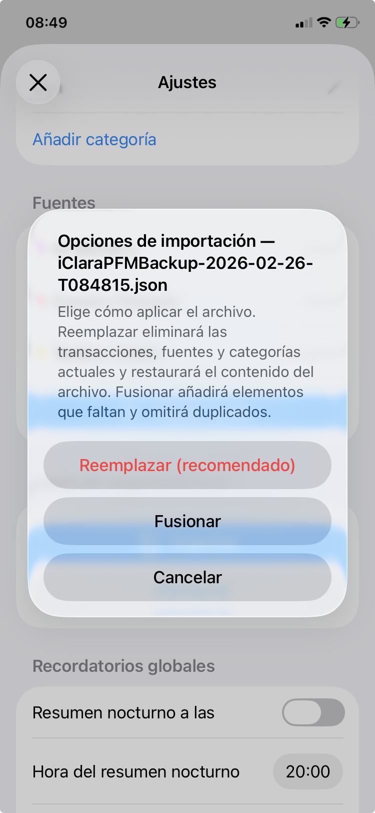 Opciones de copia y restauración JSON local