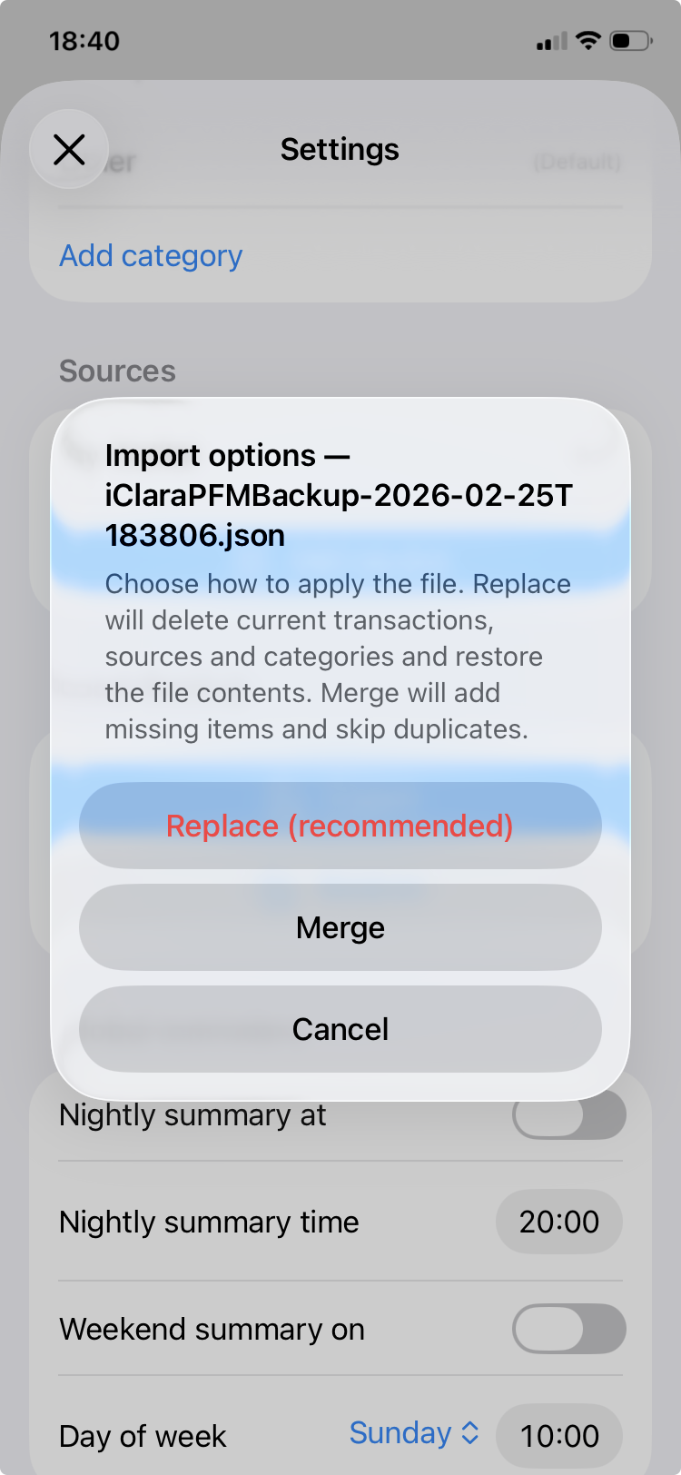 Local JSON backup and restore options