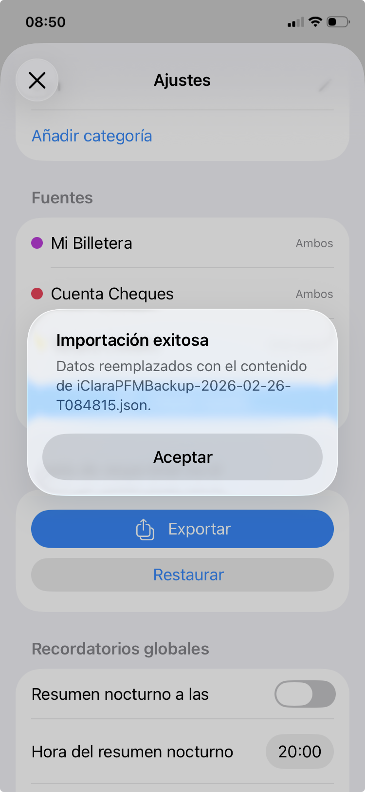 Confirmación de restauración exitosa