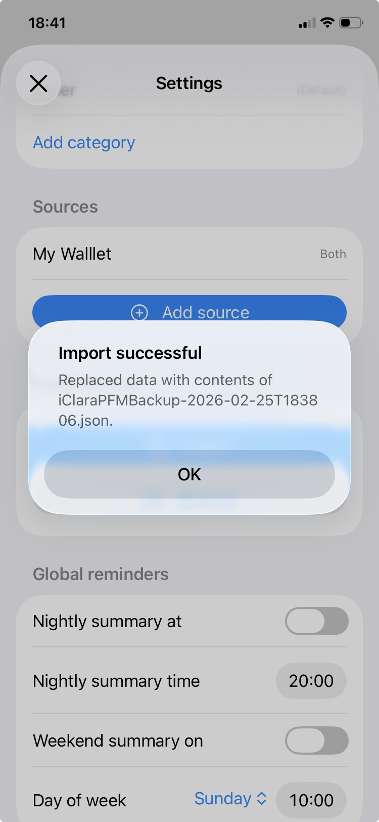 Successful restore confirmation