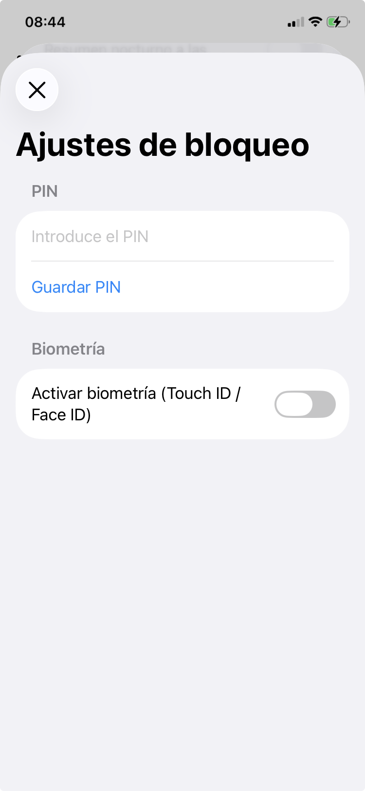 Ajustes de seguridad con PIN y biometría
