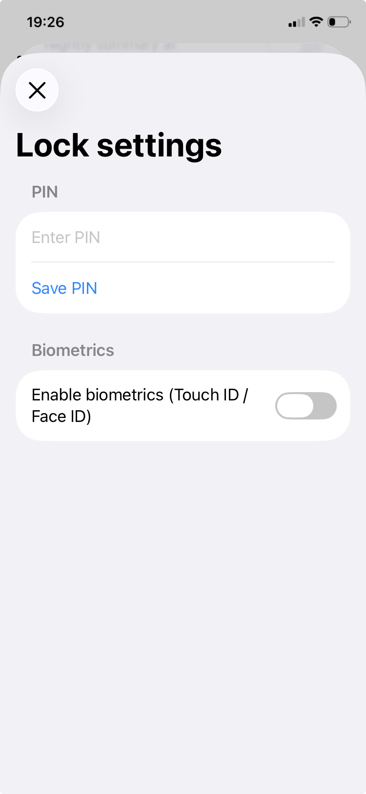 Security settings with PIN and biometrics