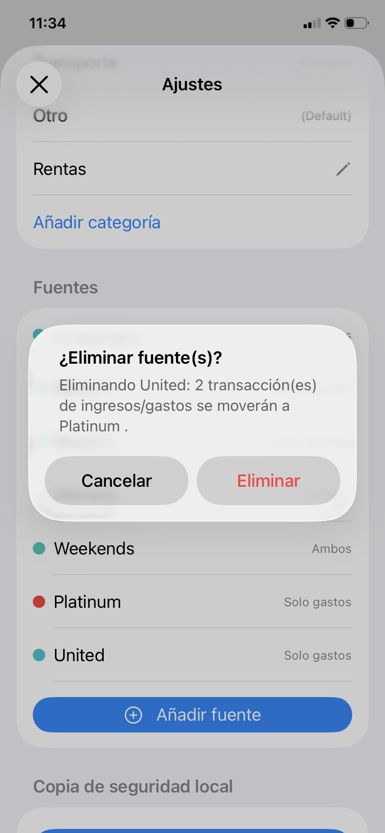 Alerta de confirmación mostrando transacciones afectadas antes de eliminar una fuente
