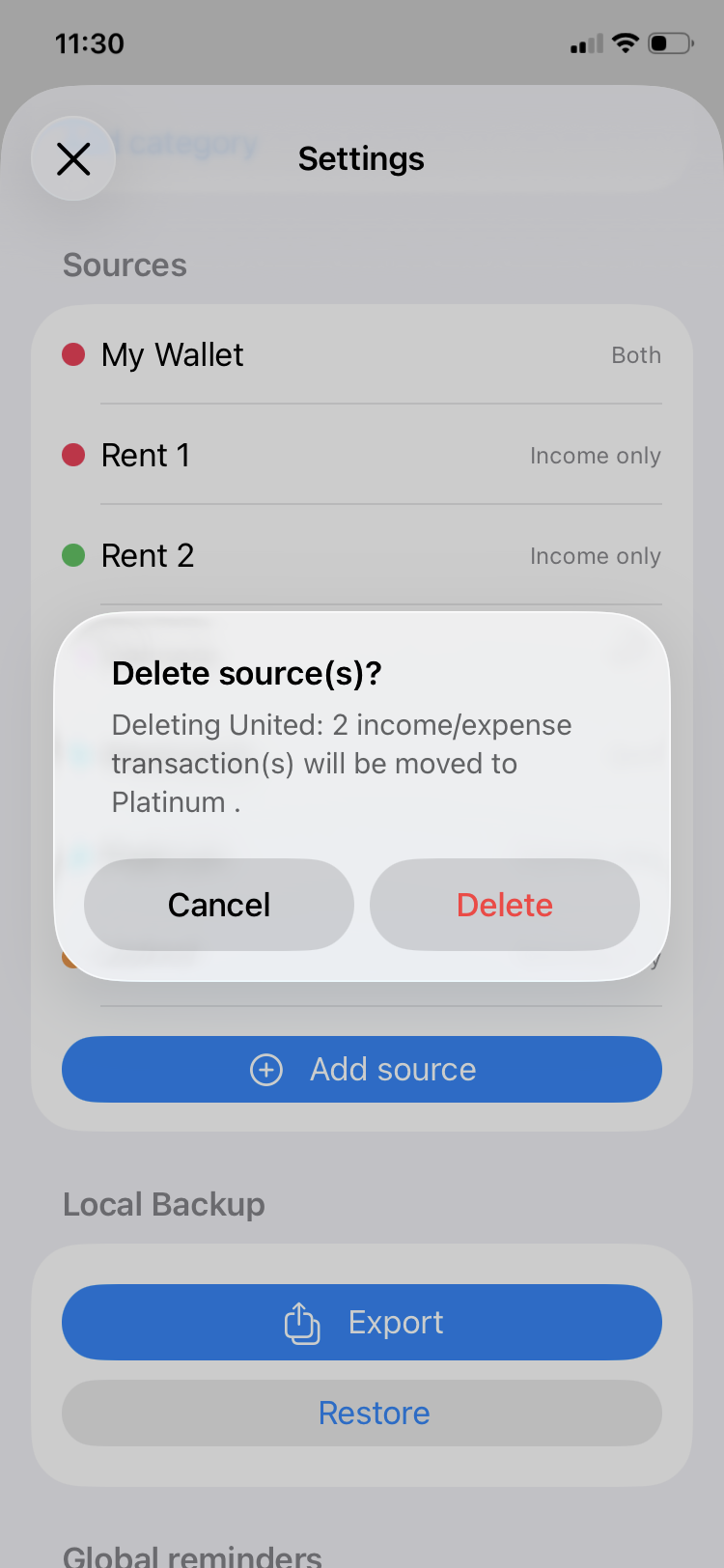Confirmation alert showing affected transactions before deleting a source