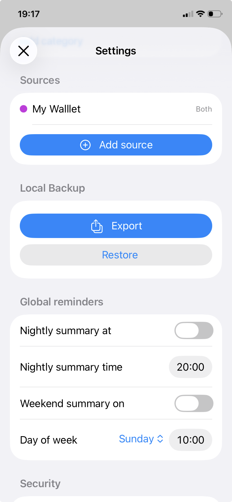 Settings with local backup, reminders, security