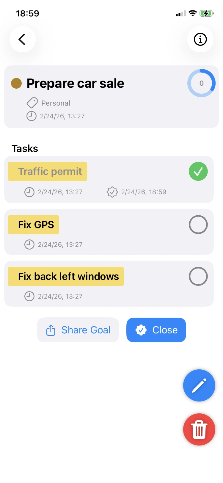 Closed a goal and set tasks as closed.