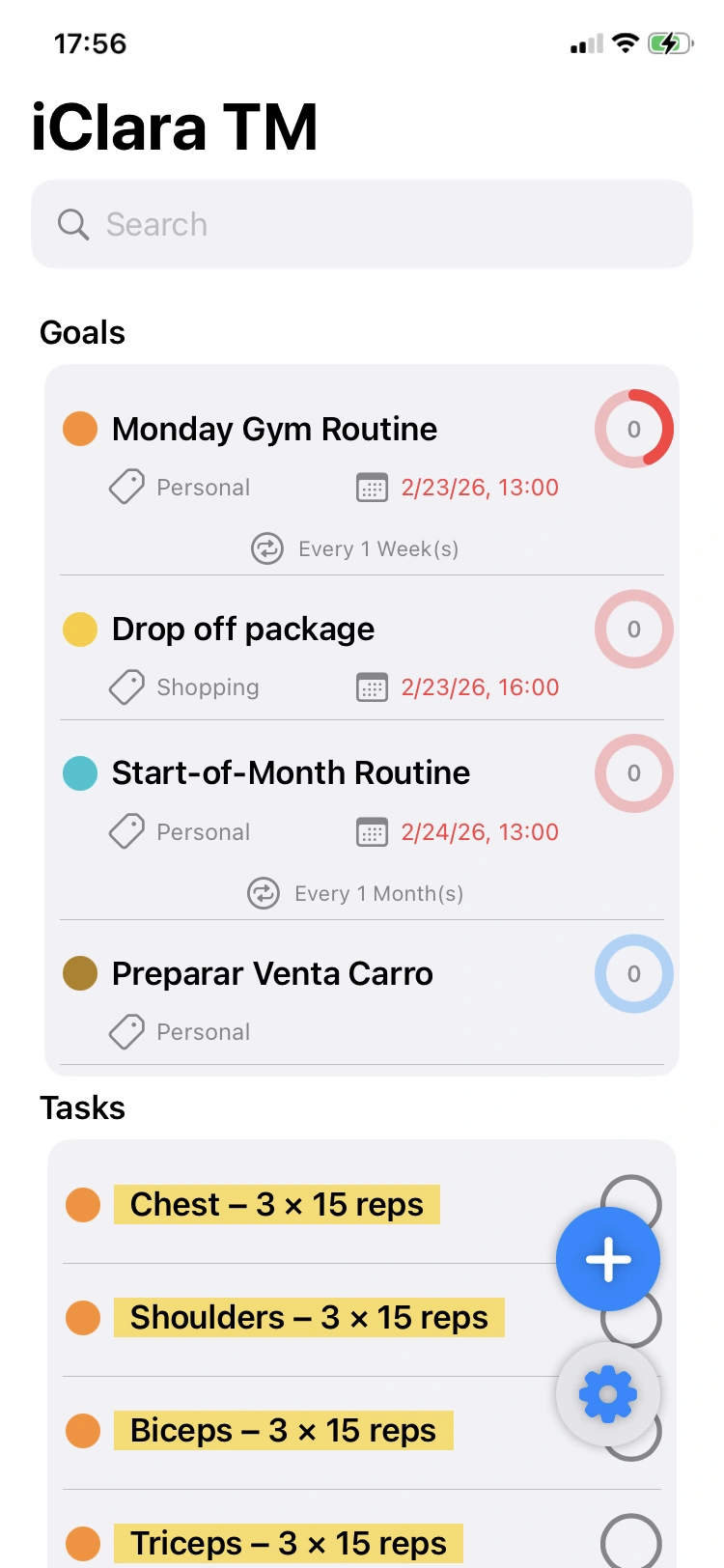Dashboard showing goals with progress rings and deadlines