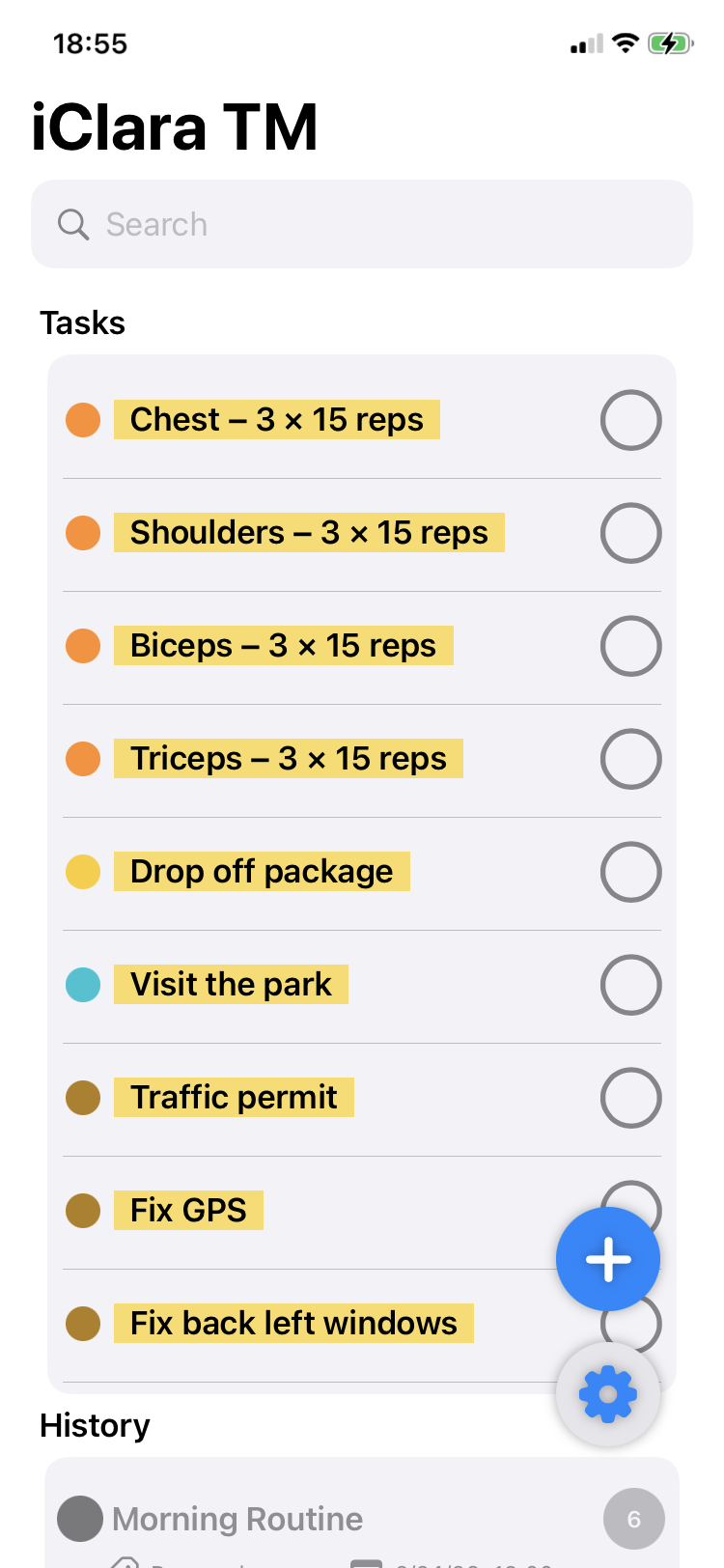 Список задач со сроками и кнопками быстрого статуса