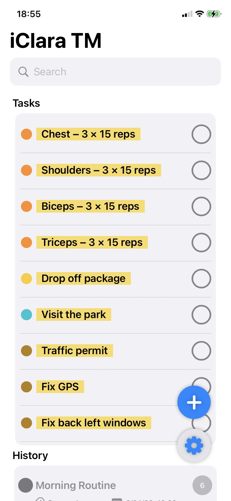 Task list with deadlines and quick status buttons