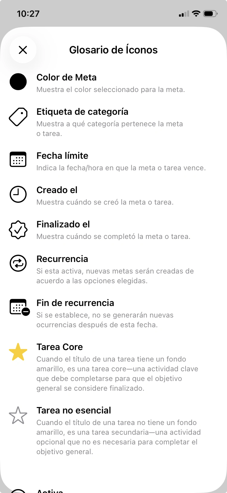 Glosario de los iconos en la interfaz de usuario.