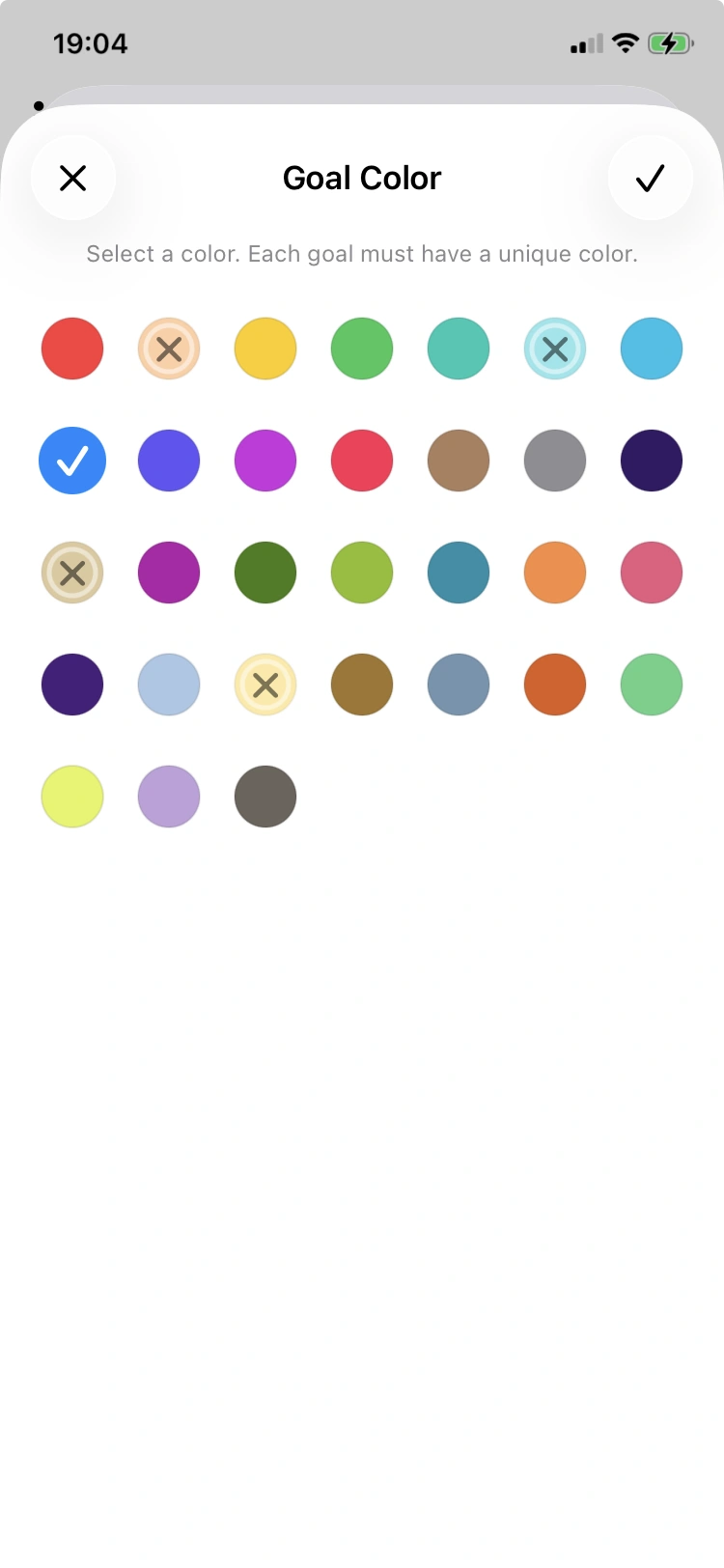 Goal color picker with unavailable markers and a selected color