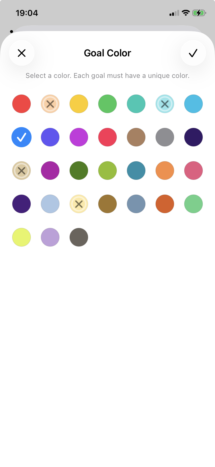 Goal color picker with 31 color options