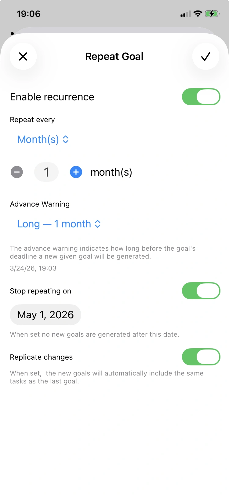 Recurrence settings: month frequency