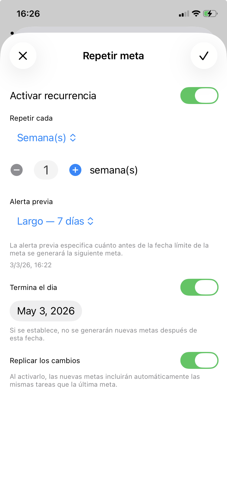 Ajustes de recurrencia: frecuencia semanal