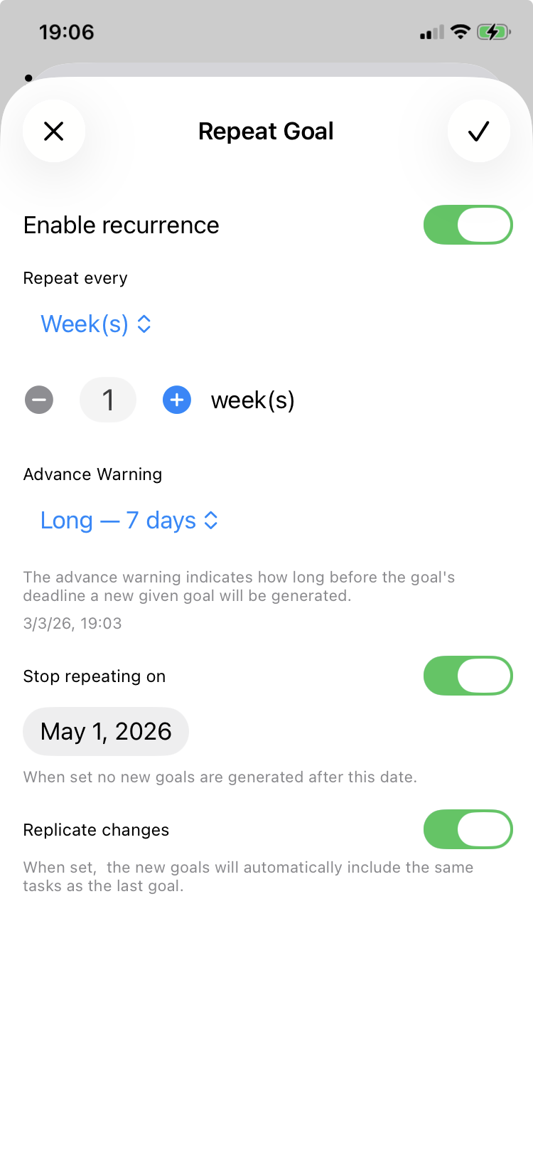 Recurrence settings: week frequency