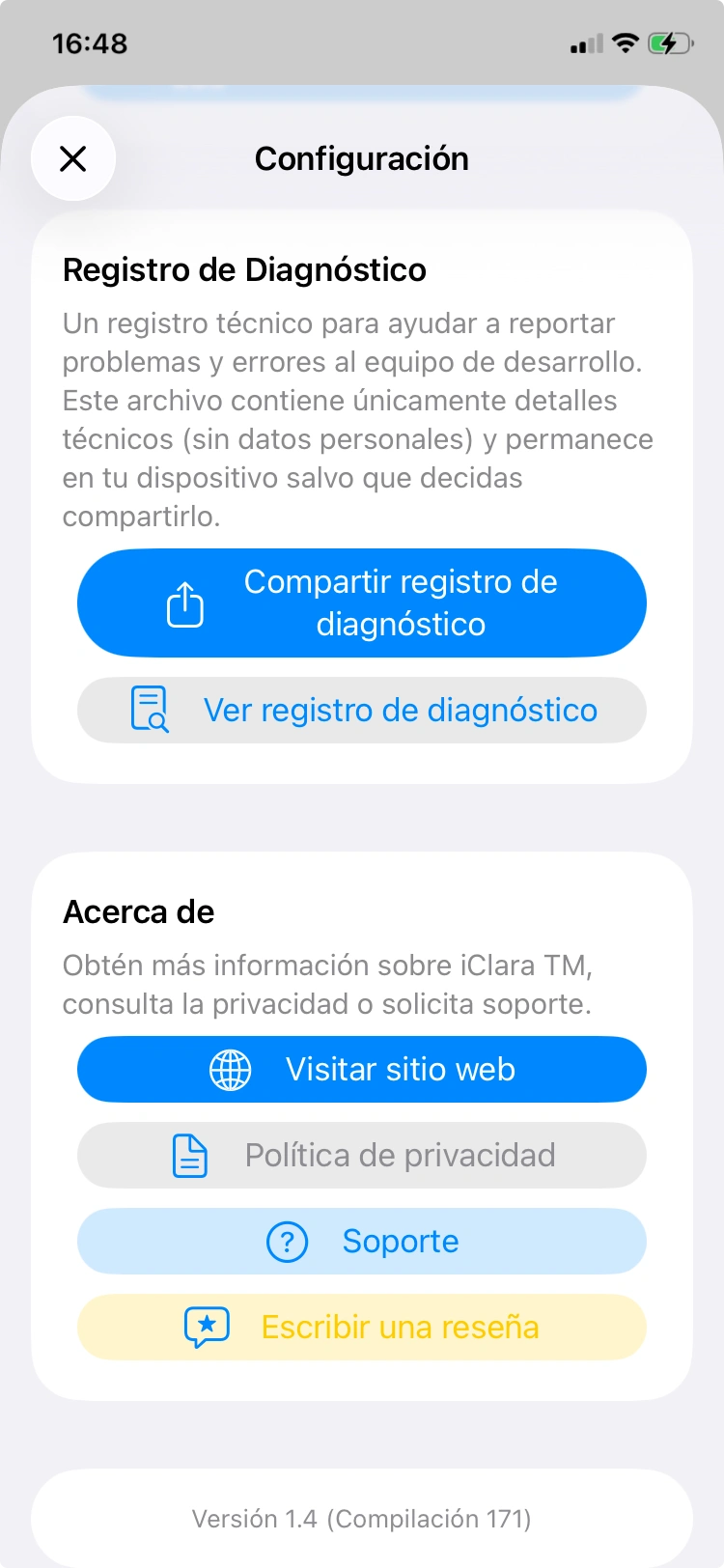 Registro de diagnósticos y sección Acerca con botones de compartir/ver