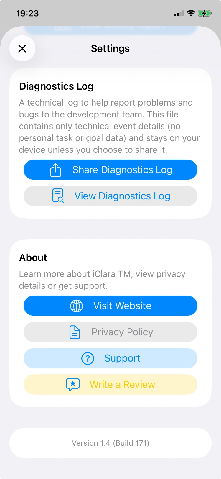Журнал диагностики и раздел О приложении с кнопками просмотра и отправки
