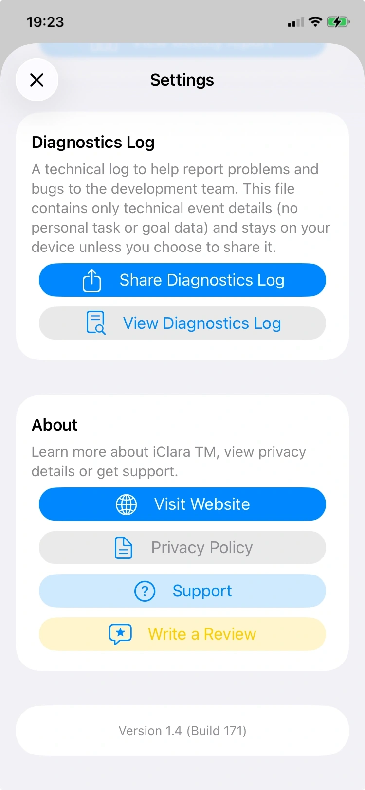 Diagnostics log and about section with share and view buttons