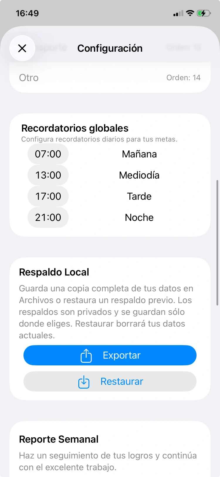 Controles de Global Reminders y Respaldo local