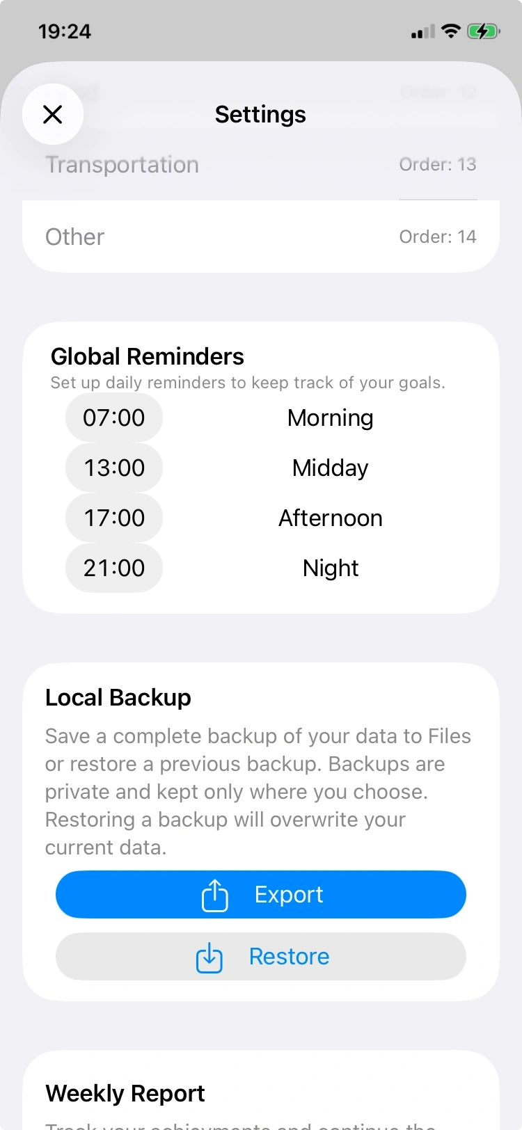 Global reminders and local backup restore/export controls