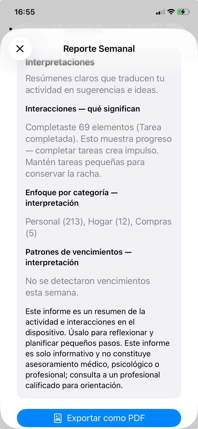 Revisión semanal de progreso en app productividad privada iPad