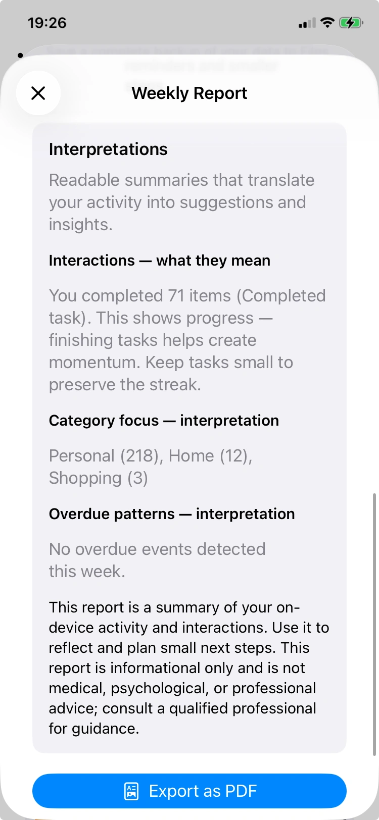 Weekly progress review in private productivity app iPad